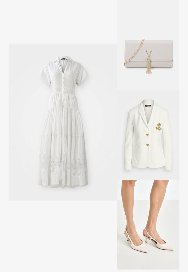 Valkoinen bleiseri, jossa on teksturoitu pinta, kultaiset napit ja rintatasku, jossa on kirjailtu kultalogo. Mukana kaksi etutaskua.; Valkoinen maksimekko lyhyillä hihoilla, nappisuljenta edessä ja kuminauhavyötärö, jossa on pitsiyksityiskohta helmassa ja pehmeä, teksturoitu kangas.; Beige patenttaja nahkaslingback-korkokengät, joissa on teräväkärkinen muotoilu ja 5 cm:n korko. Kenkäparissa on leikattuja reunoja ja ohut nilkkaremmi.; Vaaleanharmaa teko-nahkainen käsilaukku, jossa on kultaketjuolkaimet, V-muotoinen solki ja tupsuosa. Sileä rakenne, suorakulmainen muoto.