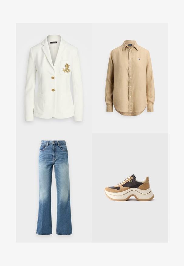 Hvit blazer med teksturert finish, gullknapper og en brystlomme med brodert gulllogo. To frontlommer inkludert.; Beige langermet skjorte med knapper, spiss krage og lite marineblått brodert logo på venstre bryst.; Lyseblå høytlivsjeans med bred benkutt, falmet tekstur, fem lommer og metall knappelukking.; Chunky sole sneaker i beige og mørk brun med suedesatser, hvite snøringer og en liten gull MK-charmside.