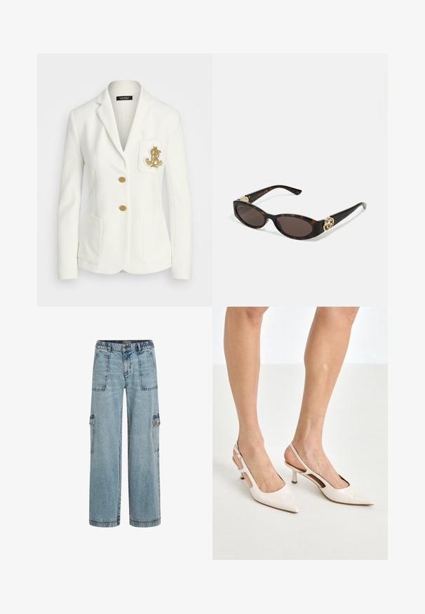 Baltas bleizeris su tekstūruotu paviršiumi, auksiniais mygtukais ir krūtine kišene, papuošta išsiuvinėtu auksiniu logotipu. Taip pat yra dvi priekinių kišenių.; Balta marškinių palaidinė iš lygaus medvilnės, su klasikiniu apykaklės dizainu, tiesiu apvadu ir smėlio spalvos mygtukais priekyje.; Šviesiai mėlynos džinsinės šortai su elastinga juosmens juosta, dviem priekinėmis kišenėmis ir šoninėmis kišenėmis. Laisvas pasisekimas su tiesaus kojų dizainu.; Šviesiai pilkos, lakuotos odos slingback aukštakulniai su smailiu noseliu ir 5 cm kulnu, su išpjovomis šonuose ir plona kulkšnies juostele.; Tortoise kiaurinių saulės akinių su pailgomis ovalo formos lęšiais, rudos spalvos atspalviu, auksinėmis logotipo detalėmis ant šakelių ir elegantiškais juodais rankenėlėmis.