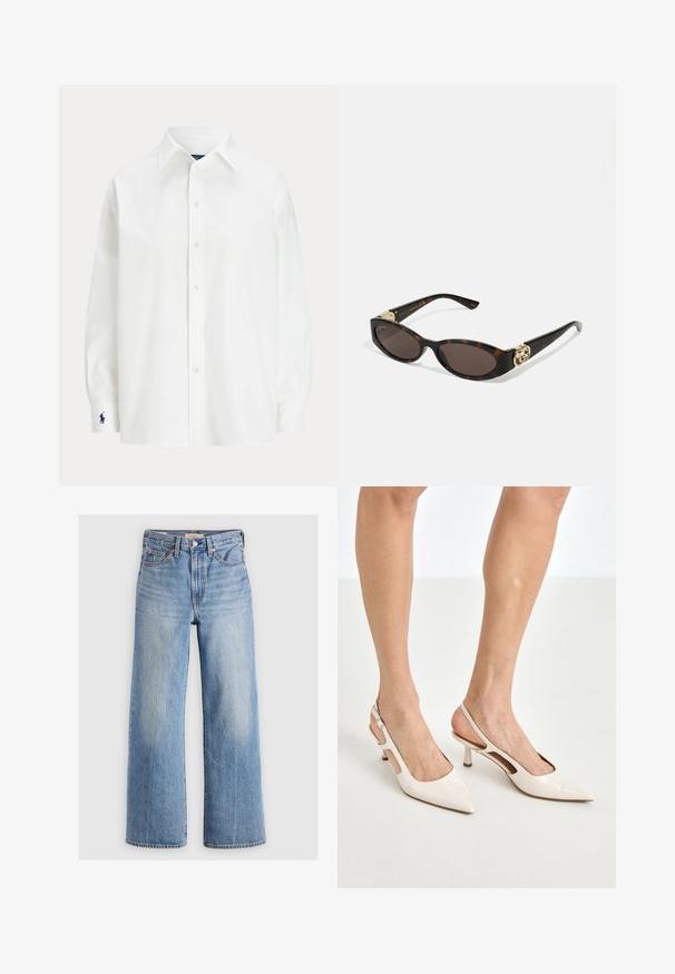 White blazer with a textured finish, gold buttons, and a chest pocket featuring an embroidered gold logo. Two front pockets included.; White button-up shirt with long sleeves, classic collar, and a small blue logo on the cuff. Smooth cotton fabric, structured fit.; Light blue denim wide-leg jeans with a high waist, faded areas, five pockets, and contrast stitching. Classic button and zipper closure.; Beige patent leather slingback heels with a pointed toe and 5 cm heel, featuring cut-out sides and a thin ankle strap.; Tortoiseshell sunglasses with elongated oval lenses, brown tint, gold logo accents on temples, and sleek black arms.