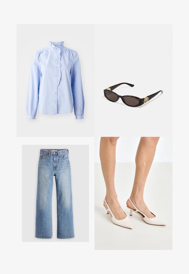 Biely blazer s textúrovaným povrchom, zlatými gombíkmi a náprsním vreckom s vyšitým zlatým logom. Sú súčasťou aj dve predné vrecká.; JDY JDYMIO FRILL - Blúzka so zapínaním na gombíky - blue; Svetlomodré rifľové nohavice s voľným strihom a vysokým pásom, so zafarbenými obdobiami, piatimi vreckami a kontrastným švom. Klasické zapínanie na gombík a zips.; Bežové lakované lodičky na podpätku so špicatou špičkou a 5 cm podpätkom, s výrezmi po stranách a tenkým remienkom okolo členka.; Slnkové okuliare v korytnačkovom dizajne s predĺženými oválnymi šošovkami, hnedým tónovaním, zlatými logovými akcentmi na spánkoch a elegantnými čiernymi ramenami.