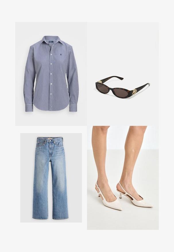 Hvit blazer med teksturert finish, gullknapper og en brystlomme med brodert gulllogo. To frontlommer inkludert.; Blå og hvitstripet langermet skjorte, med krage som kan kneppes ned, kontrasterende mansjetter, og et lite emblem på brystet.; Lys blå denim vidbenede jeans med høj talje, falmede områder, fem lommer og kontraststikning. Klassisk knap- og lynlåslukning.; Beige patent lærstøvletter med spidse tå og 5 cm hæl, med udskårne sider og en tynd ankelrem.; Skilpadde-solbriller med avlange ovale linser, brun tint, gull-logo aksenter på stengene og elegante svarte armer.