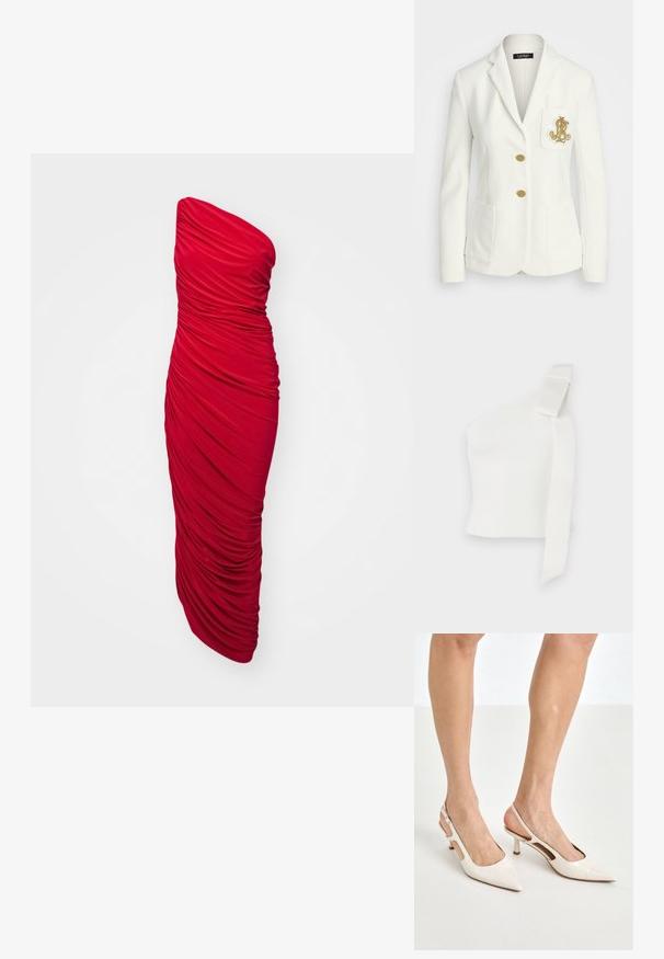Biały żakiet o fakturowym wykończeniu, z złotymi guzikami i kieszenią na piersi z haftowanym złotym logo. Zawiera dwie przednie kieszenie.; Asymetryczna biała bluzka z teksturowanej tkaniny. Posiada pojedynczy ramiączko z kokardą, podkreślając nowoczesny design.; Czerwona sukienka bez ramiączek typu bodycon, z marszczonym materiałem nadającym fakturę drapowaną, o długiej długości i smukłej sylwetce.; Beżowe lakierowane szpilki z odkrytą piętą, zakończone spiczastym noskiem i 5 cm obcasem, z wyciętymi bokami oraz cienkim paskiem na kostce.