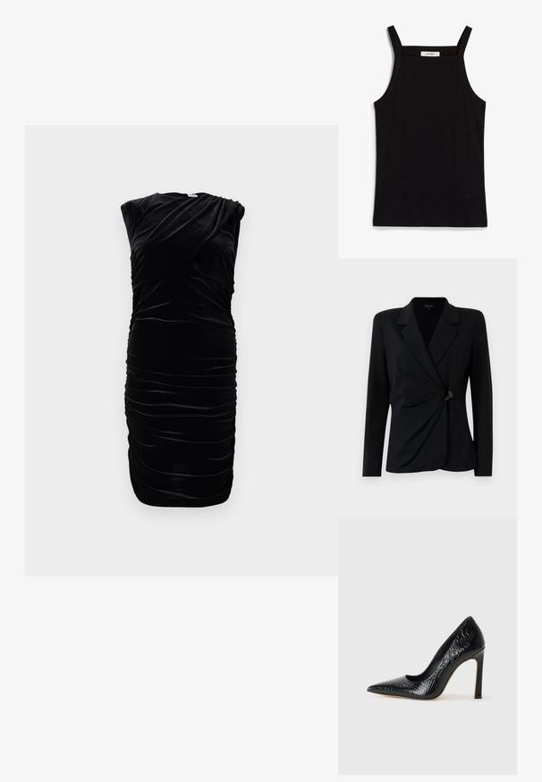 Schwarzer, taillierter Blazer mit langen Ärmeln, der einen Reverskragen, ein drapiertes Vorderdesign und einen einzelnen schwarzen Knopfverschluss aufweist. Aus glattem Stoff gefertigt.; Schwarzes Samtkleid mit kurzen Ärmeln, drapierter Gestaltung und geraffter Textur an den Seiten. Knielang, glatte Oberfläche und subtiler Glanz.; Schwarzes Tanktop mit dünnen Spaghetti-Trägern, aus geripptem Stoff, mit geradem Schnitt und einem Etikett am Hals, auf dem "IVY OAK" steht.; Schwarzer, spitz zulaufender High Heel mit Krokodilleder-Struktur, elegantem Design, hohem Stiletto-Absatz und glattem schwarzen Innenraum.
