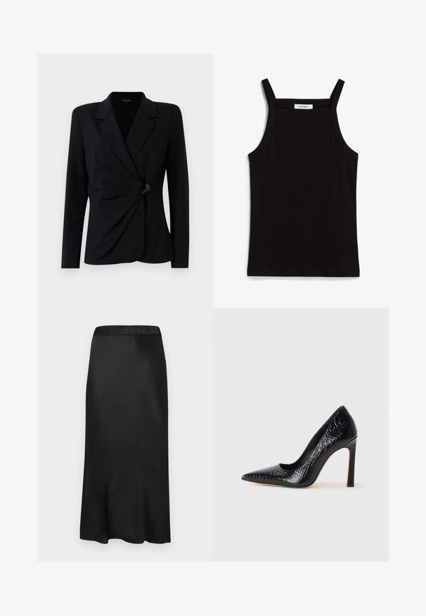Črno krojena blazer jakna z dolgimi rokavi, ki ima razpoloženi ovratnik, drapirano sprednje oblikovanje in enojno zapiranje z črnim gumbom. Narejena iz gladkega materiala.; Črna majica brez rokavov z tankimi naramnicami, izdelana iz rebrastega materiala, z ravnim krojem in oznako na ovratniku z napisom "IVY OAK."; Črna satenasta midi krila z elastičnim pasom. Gladka tekstura in preprost dizajn, ki se rahlo zoži ob robu za tekočo silhueto.; Črne čevlje z visoko peto in konico v obliki puščice, z teksturo krokodilje kože, ki se ponašajo s sleek oblikovanjem, visokim stiletto peto in gladkim črnim notranjostjo.