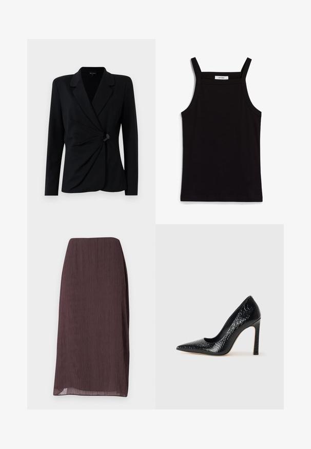 Blazer negru, croi ajustat, cu mâneci lungi, având un guler în formă de șanț, design cu față drapată și închidere cu un singur buton negru. Fabricat dintr-un material neted.; Top negru fără mâneci, cu bretele subțiri, fabricat dintr-un material ribat, având o tăietură dreaptă și o etichetă la gât cu textul "IVY OAK."; Fustă de culoare maro închis, până la genunchi, confecționată dintr-un material ușor, pliat. Prezintă un croi dreaptă cu un luciu subtil și fără accesorii vizibile.; Pantofii cu toc înalt, ascuțiți, de culoare neagră, cu textură de piele de crocodil, având un design elegant, toc în stil stiletto și interior neted de culoare neagră.