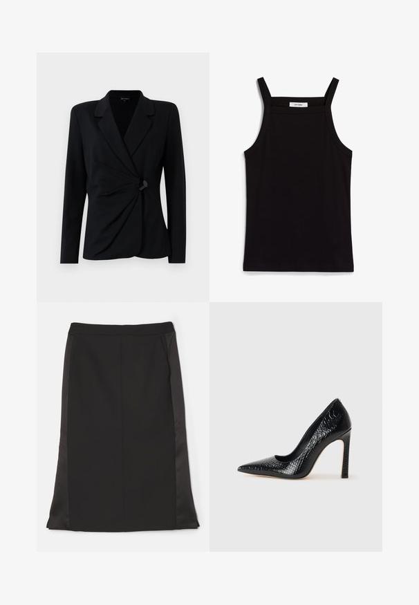 Musta, räätälöity bleiseri pitkillä hihoilla, jossa on viilto kaulus, laskostettu etuosasuunnittelu ja yksi musta napitus. Valmistettu sileästä kankaasta.; Mustat hihattomat paidat, joissa on ohut spagettiolkaimet, valmistettu ribbikankaasta. Paidassa on suora leikkaus ja kaula-aukon kohdalla on lappu, jossa lukee "IVY OAK."; Musta kynähame, jossa on sileä kangaspinta, sivutaskut ja hieman mattapintainen satiininen sivupaneeli kontrastina.; Musta kapea nilkkakorkokenkä krokotiilin nahkakuviolla, joka on varustettu tyylikkäällä muotoilulla, korkealla stiletto-korkealla ja sileällä mustalla sisäosalla.