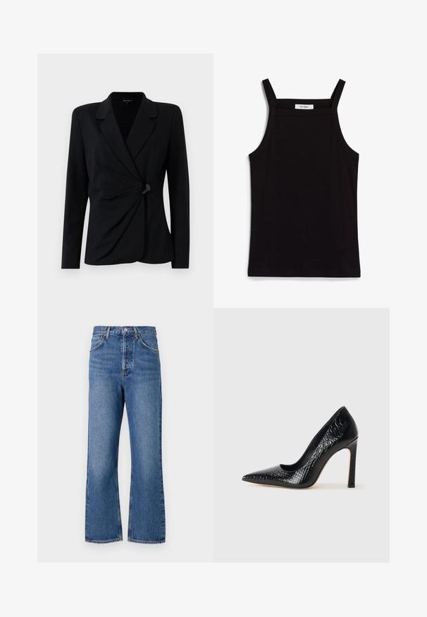 Blazer negro a medida con mangas largas, que presenta un cuello con muesca, un diseño frontal drapeado y un cierre con un solo botón negro. Confeccionado en una tela suave.; Top negro sin mangas con tirantes finos, hecho de una tela acanalada, que presenta un corte recto y una etiqueta en el cuello que dice "IVY OAK".; Vaqueros de mezclilla azul de cintura alta con un diseño de pierna recta, que cuentan con cinco bolsillos y un ligero desvanecimiento. Cierre clásico con botón y detalles de costura.; Zapato de tacón alto negro con punta afilada y textura de piel de cocodrilo, que presenta un diseño elegante, un alto tacón de aguja y un interior negro suave.