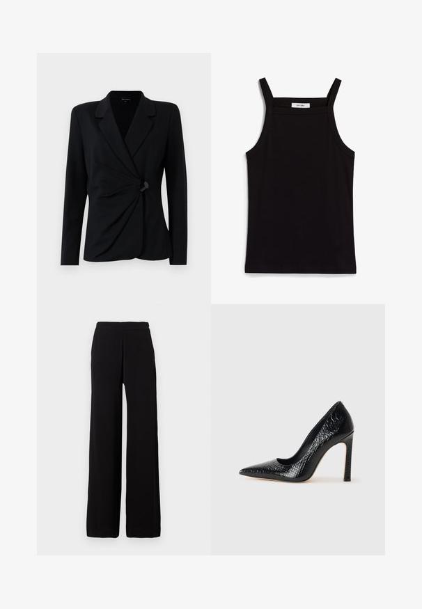 Čierny priliehavý blazer s dlhými rukávmi, so zárezovým golierom, draped dizajnom a jedným čiernym gombíkom na zapínanie. Vyrobený z hladkej látky.; Čierny tielko s tenkými ramienkami, vyrobené z rebrovanej tkaniny, s rovnými okrajmi a označením na výstrihu s nápisom "IVY OAK."; Čierne široké nohavice s elastickým pásom, vyrobené z hladkej tkaniny, vystavené na jednoduchom svetlom pozadí.; Čierna lodička s špicatou špičkou a lakovanou textúrou krokodíla, s elegantným dizajnom, vysokým stiletto podpätkom a hladkým čiernym interiérom.