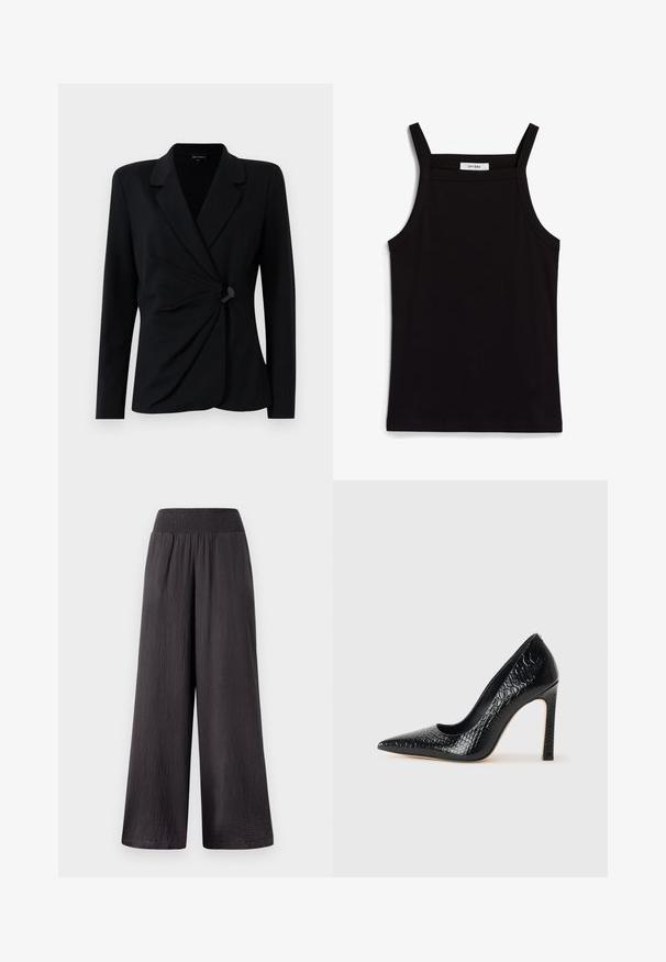 Čierny priliehavý blazer s dlhými rukávmi, so zárezovým golierom, draped dizajnom a jedným čiernym gombíkom na zapínanie. Vyrobený z hladkej látky.; Čierny tielko s tenkými ramienkami, vyrobené z rebrovanej tkaniny, s rovnými okrajmi a označením na výstrihu s nápisom "IVY OAK."; Čierne široké nohavice s plisovaným pásom, vyrobené z ľahkej textúrovanej tkaniny, s voľným strihom a celodlhým dizajnom.; Čierna lodička s špicatou špičkou a lakovanou textúrou krokodíla, s elegantným dizajnom, vysokým stiletto podpätkom a hladkým čiernym interiérom.