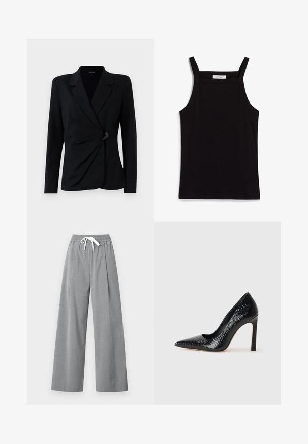 Fekete, szabott zakó hosszú ujjal, hegyes gallérral, redőzött elülső kialakítással és egyetlen fekete gombos záródással. Simaságával tűnő anyagból készült.; Fekete ujjatlan felső, vékony spagetti pántokkal, bordás anyagból készült, egyenes vonalú fazonnal, a nyakrészen "IVY OAK" felirattal.; Szürke, bőszárú nadrág könnyű anyagból, redőzött elülső résszel és elasztikus derekkal, fehér zsinórral.; Fekete hegyes orrú magassarkú cipő krokodilbőr textúrával, letisztult dizájnnal, magas tűsarkú és sima fekete belső résszel.