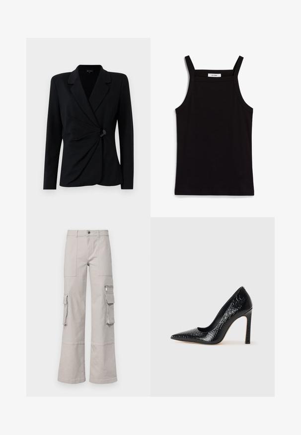 Czarna, dopasowana marynarka z długimi rękawami, z wyciętym kołnierzem, luźnym przodem i pojedynczym zapięciem na czarny guzik. Wykonana z gładkiego materiału.; Czarny top na ramiączkach z cienkimi spaghetti, wykonany z żebrowanej tkaniny, z prostym krojem i metką przy wycięciu na szyję z napisem "IVY OAK."; Jasnoszare spodnie cargo z szerokimi nogawkami, wieloma kieszeniami i fakturowanym wykończeniem materiału. Cechują się widocznym przeszyciem i zapięciem na guzik.; Czarne szpilki z ostrym noskiem, pokryte teksturą skóry krokodyla, charakteryzujące się eleganckim wzornictwem, wysokim obcasem w stylu stiletto oraz gładkim czarnym wnętrzem.