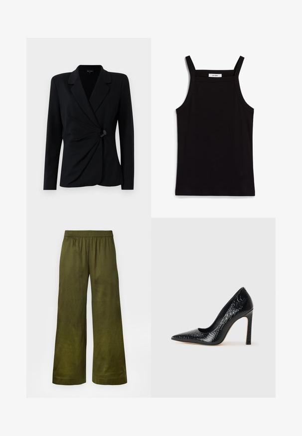 Schwarzer, taillierter Blazer mit langen Ärmeln, der einen Reverskragen, ein drapiertes Vorderdesign und einen einzelnen schwarzen Knopfverschluss aufweist. Aus glattem Stoff gefertigt.; Schwarzes Tanktop mit dünnen Spaghetti-Trägern, aus geripptem Stoff, mit geradem Schnitt und einem Etikett am Hals, auf dem "IVY OAK" steht.; Weit geschnittene Hosen aus olivgrünem Stoff mit einem elastischen Bund und einer glatten Textur. Keine sichtbaren Muster oder Akzente.; Schwarzer, spitz zulaufender High Heel mit Krokodilleder-Struktur, elegantem Design, hohem Stiletto-Absatz und glattem schwarzen Innenraum.