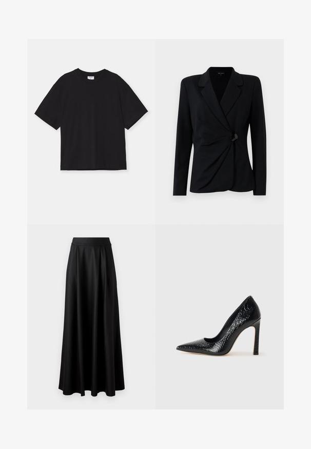 Čierny priliehavý blazer s dlhými rukávmi, so zárezovým golierom, draped dizajnom a jedným čiernym gombíkom na zapínanie. Vyrobený z hladkej látky.; Čierne tričko s krátkymi rukávmi vyrobené z bavlny. Má voľný strih, okrúhly výstrih a žiadne viditeľné vzory ani ozdoby.; Čierna sukňa až po zem s hladkou textúrou, širokým pásom a plisovaným dizajnom, bez viditeľných vzorov alebo ozdôb.; Čierna lodička s špicatou špičkou a lakovanou textúrou krokodíla, s elegantným dizajnom, vysokým stiletto podpätkom a hladkým čiernym interiérom.