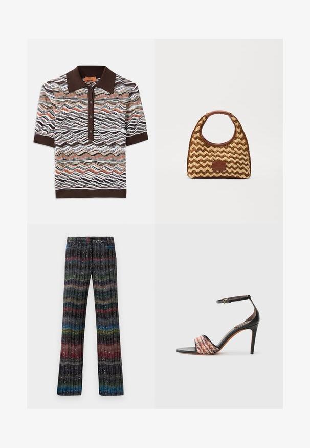 Navy pinstripe blazer with a notched collar, two front pockets, two buttons, and a lined interior. Tailored fit, structured design.; Brown collar polo shirt with a multicolored wavy pattern in shades of brown, cream, and terracotta; five-button placket; short sleeves.; Multicolored, sparkly wide-leg pants with a vertical striped pattern in shades of black, red, green, blue, and gold. Elastic waistband.; Black heeled sandal with an ankle strap. Features a textured, multicolored fabric band across the toe. Smooth leather finish.; Woven straw bag with a zigzag pattern, brown leather handle and base, and a rectangular logo patch on the front.