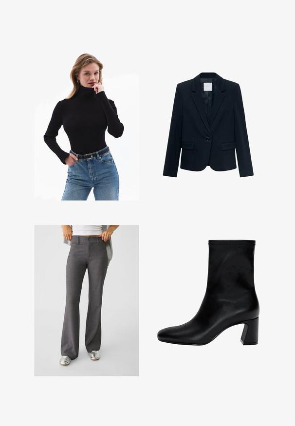 Blazer su misura di colore blu navy con maniche lunghe, chiusura con un singolo bottone nero, colletto a risvolto e due tasche frontali con pattina.; Top nero a collo alto a coste con maniche lunghe, abbinato a jeans in denim azzurri a vita alta e una cintura nera.; Pantaloni grigi a zampa d'elefante realizzati in tessuto testurizzato, con chiusura a due bottoni e passanti per la cintura, abbinati a sneakers argentate lucide.; Stivaletto nero fino alla caviglia in pelle liscia. Presenta una punta quadrata, un bordo elastico e un tacco robusto per la stabilità. Design minimalista.