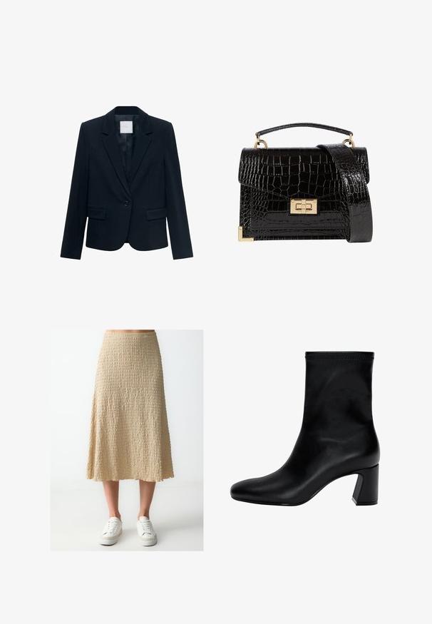 Granatowy dopasowany żakiet z długimi rękawami, z jedynym czarnym zapięciem na guzik, z klapami kołnierza i dwoma przednimi kieszeniami z klapami.; Biała koszula z długim rękawem, z klasycznym kołnierzykiem, zapinana na guziki, wykonana z gładkiego materiału bawełnianego. Minimalistyczny design, bez wzorów i akcentów.; Beżowa spódnica do kolan wykonana z teksturowanej tkaniny z falbaniastym dołem. Połączona z białymi trampkami.; Czarny botek na kostkę wykonany z gładkiej skóry. Posiada kwadratowy czubek, elastyczny górny brzeg oraz masywny obcas zapewniający stabilność. Minimalistyczny design.; Czarna torebka na ramię z lakierowanej skóry licowej o fakturze krokodyla, ze złotymi akcesoriami, górną rączką oraz odczepianym paskiem na ramię. Prostokątny kształt z klapką.