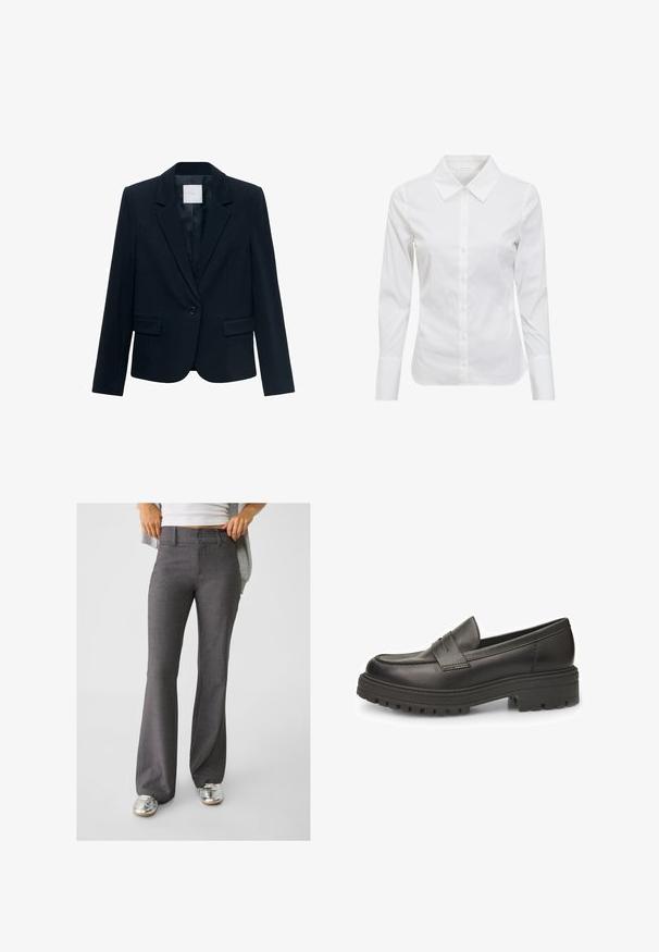 Tummansininen räätälöity bleiseri, jossa on pitkät hihat, yksittäinen musta nappikiinnitys, kauluksessa lovet ja kaksi etupuolella olevaa läppätaskua.; Valkoinen pitkähihaista paitaa klassisella kauluksella, nappikiinnitys edessä ja sileästä puuvillakankaasta. Minimalistinen muotoilu, ei kuvioita tai koristeita.; Harmaat liehukkeet, jotka on valmistettu teksturoidusta kankaasta, joissa on kaksinappinen kiinnitys ja vyölenkit, yhdistettynä kiiltäviin hopeisiin lenkkareihin.; Musta nahkakengät pyöreällä kärjellä, näkyvillä saumoilla ja uritetulla kumipohjalla paremman pidon vuoksi. Klassinen liukukenkämuotoilu.