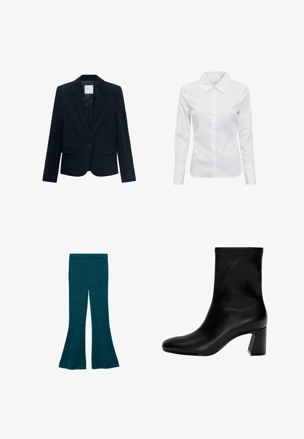 Blazer su misura di colore blu navy con maniche lunghe, chiusura con un singolo bottone nero, colletto a risvolto e due tasche frontali con pattina.; Camicia bianca a maniche lunghe con colletto classico, chiusura frontale con bottoni e tessuto di cotone liscio. Design minimalista, senza motivi o accenti.; Pantaloni svasati color teal realizzati in un tessuto morbido e strutturato, con una vita aderente e un design a campana per una vestibilità comoda.; Stivaletto nero fino alla caviglia in pelle liscia. Presenta una punta quadrata, un bordo elastico e un tacco robusto per la stabilità. Design minimalista.