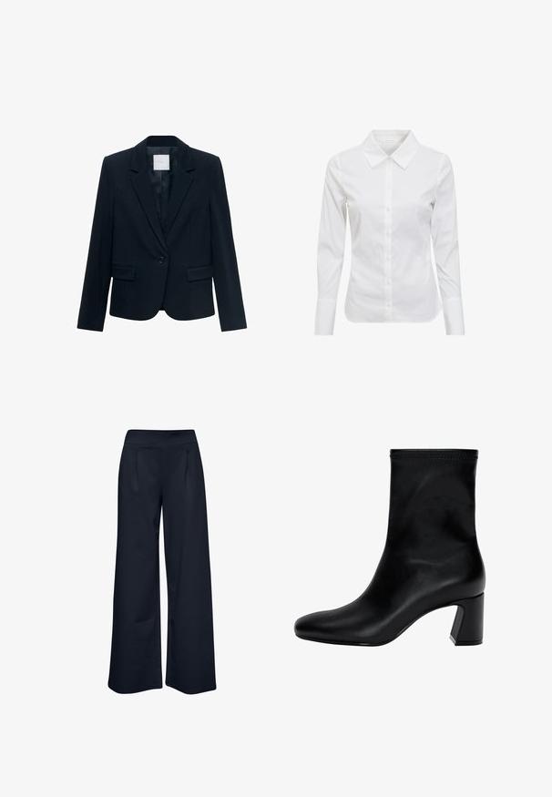 Navyblauer maßgeschneiderter Blazer mit langen Ärmeln, einreihigem schwarzen Knopfverschluss, Reverskragen und zwei vorderen aufgesetzten Taschen.; Weißes Langarmhemd mit klassischem Kragen, Knopfleiste und glattem Baumwollstoff. Minimalistisches Design, ohne Muster oder Akzente.; Weite Hosen aus elastischem navy Stoff, mit einem glatten Bund und zwei frontalen Taschen, die eine lockere Passform und ein vollständig langes Design bieten.; Schwarzer Knöchelstiefel aus glattem Leder. Mit quadrater Zehenpartie, elastischem Schaft und einem stabilen Blockabsatz. Minimalistisches Design.