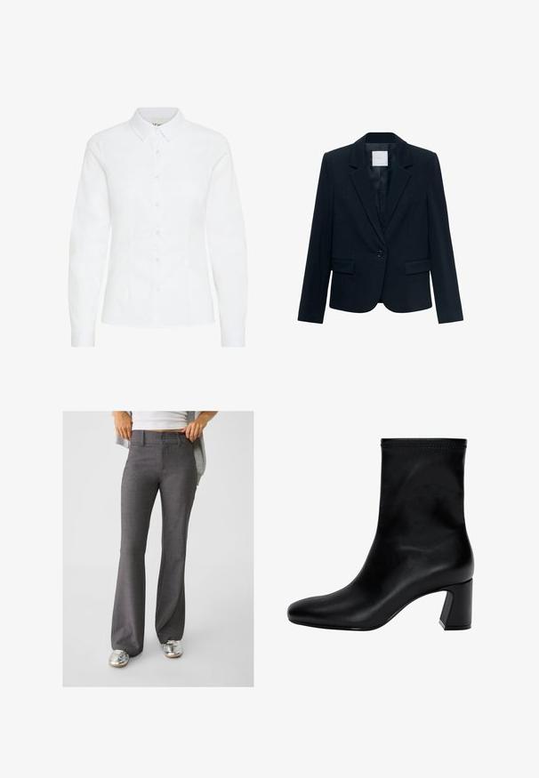 Tummansininen räätälöity bleiseri, jossa on pitkät hihat, yksittäinen musta nappikiinnitys, kauluksessa lovet ja kaksi etupuolella olevaa läppätaskua.; Valkoinen napillinen paita sileästä kankaasta. Siinä on pitkät hihat, klassinen kaulus ja kuusi nappia edessä, sekä vartalonmyötäinen muotoilu.; Harmaat liehukkeet, jotka on valmistettu teksturoidusta kankaasta, joissa on kaksinappinen kiinnitys ja vyölenkit, yhdistettynä kiiltäviin hopeisiin lenkkareihin.; Musta nilkkuri, joka on valmistettu sileästä nahasta. Varustettu neliömäisellä kärjellä, joustavalla yläpäällä ja paksulla korolla vakauden vuoksi. Minimalistinen muotoilu.