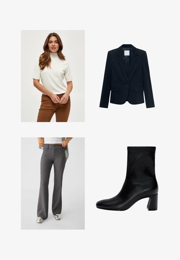 Navy blue tailored blazer with long sleeves, single black button closure, notched lapel collar, and two front flap pockets.; White short-sleeve turtleneck sweater made from a soft fabric, featuring ribbed detailing on the collar and sleeves, paired with brown pants.; White long-sleeve shirt with a classic collar, button-down front, and smooth cotton fabric. Minimalist design, no patterns or accents.; Gray flared trousers made of textured fabric, featuring a two-button closure and belt loops, paired with shiny silver sneakers.; Black ankle boot made of smooth leather. Features a square toe, elasticated top, and a chunky heel for stability. Minimalist design.