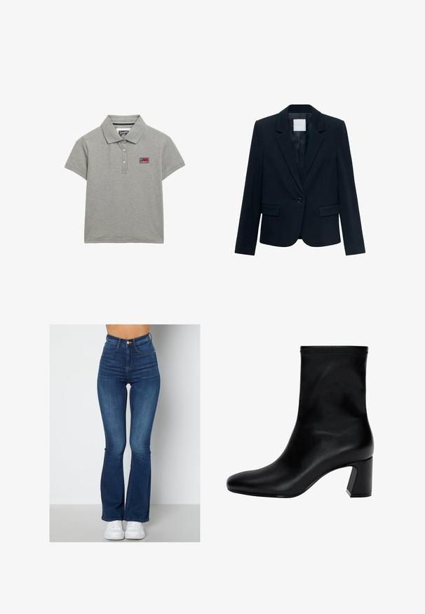 Marineblauwe op maat gemaakte blazer met lange mouwen, enkele zwarte knoopsluiting, notch-lapel kraag en twee voorste flapszakken.; Grijze polo shirt van katoen met een kraag, drie knopen bij de hals en een klein geborduurd logo op de borst.; Hoge taille, blauwe jeans met een uitlopende onderkant, gemaakt van denim met een lichte vervaging. Bevat gouden accenten op de knoop en zakken.; Zwarte enkellaars van soepel leer. Heeft een vierkante neus, een elastische bovenkant en een chunky hak voor stabiliteit. Minimalistisch ontwerp.