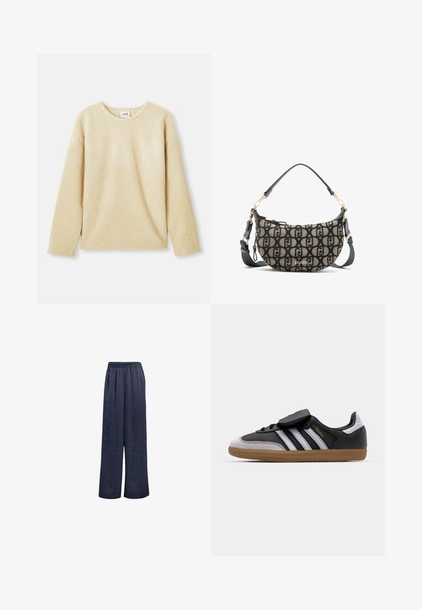 Schwarze Blazer aus glattem Stoff. Besitzt einen Einzelknopfverschluss, Reverskragen und zwei Taschen auf der Vorderseite. Schlichtes, tailliertes Design.; Beiges Fleece-Sweatshirt mit langen Ärmeln, runden Ausschnitt und weicher Textur. Verfügt über eine lockere Passform und ein dezentes Markenschild am inneren Kragen.; Marinefarbene Weitbein-Hosen aus glattem Stoff mit einem elastischen Bund und ohne sichtbare Beschläge. Sie verfügen über einen lockeren Sitz und ein langes Design.; Schwarze Leder- und graue Wildleder-Sneaker mit weißen Streifen, Gummisohle, Schnürung vorne und Klettverschluss. Mit "Samba"-Markenlogo in Gold.; Braune und schwarze Canvas-Schultertasche in Halbmondform mit sich wiederholendem Logo-Muster, goldenen Beschlägen und abnehmbarem Riemen.
