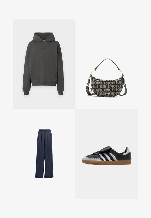 Čierny blejzer vyrobený z hladkej tkaniny. Má jediné zapínanie na gombík, klopové reverzné golier a dve predné vrecká. Jednoduchý, prispôsobený dizajn.; Tmavohnedá mikina vyrobená z mäkkého materiálu, s kapucňou na stiahnutie, rebrovanými manžetami a diskrétnym logom potlačeným na prednej strane.; Námornícké široké nohavice z hladkého materiálu s elastickým pásom a bez viditeľných kovových častí. Majú uvoľnený strih a dlhý dizajn.; Čierne kožené a šedé semišové tenisky s bielymi pruhmi, gumovou podrážkou, šnurovaním vpredu a suchým zipsom. Obsahujú zlaté označenie "Samba".; Hnedá a čierna plátená kabelka cez plece v tvare polmesiaca, s opakujúcim sa vzorom loga, zlatými kovovými doplnkami a odnímateľným popruhom.