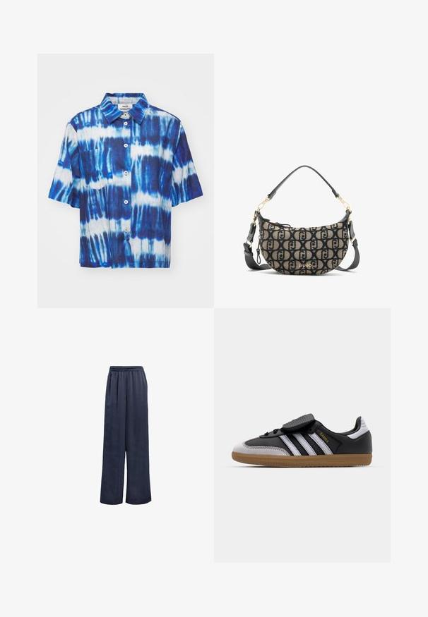 Czarny żakiet wykonany z gładkiego materiału. Posiada zapięcie na jeden guzik, wykrojone klapy oraz dwie przednie kieszenie. Prosty, dopasowany fason.; Mads Nørgaard COLIN LORELLA niebieski; Biała koszulka na ramiączkach wykonana z bawełny, charakteryzująca się prostym designem, zaokrąglonym dekoltem i czarnym logo "HUGO" na środku. Gładka faktura.; Granatowe spodnie o szerokich nogawkach, wykonane z gładkiego materiału, z elastycznym paskiem w talii i bez widocznych elementów metalowych. Charakteryzują się luźnym krojem i pełnej długości.; Czarne skórzane i szare zamszowe sneakersy z białymi paskami, gumową podeszwą, sznurowanym przodem oraz rzepem. Charakteryzują się złotym logo "Samba".; Brązowa i czarna torba na ramię z płótna o kształcie półksiężyca, z powtarzającym się wzorem logo, złotymi akcesoriami i odczepianym paskiem.