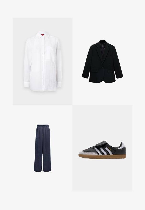 Crna blejzer jakna izrađena od glatke tkanine. Ima jedinstveno kopčanje na dugme, izrezane reveri i dva prednja džepa. Jednostavan, krojen dizajn.; Bijela košulja dugih rukava napravljena od laganog materijala, s prednjim kopčanjem na dugmad, ovratnikom i džepom na lijevoj strani prsiju. Suptilna teksturirana završna obrada.; Mornarsko plave hlače širokih nogavica izrađene od glatke tkanine s elastičnim pojasom i bez vidljivih metalnih dijelova. Imaju opušteni kroj i punu duljinu.; Crne kožne i sive nubuk tenisice s bijelim prugama, gumeni potplat, vezivanje sprijeda i Velcro remen. Sadrži "Samba" brendiranje u zlatnoj boji.