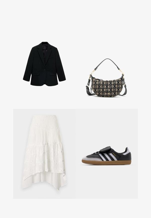 Sort blazer lavet af glat stof. Har en enkelt knaplukning, notchede klapkraver og to frontlommer. Enkel, skræddersyet design.; Hvid tanktop lavet af bomuld, med et enkelt design og en rund halsudskæring samt et sort "HUGO" logo i midten. Glat tekstur.; Hvid, lagdelt nederdel med blomsterbroderi. Har en tætsiddende talje og flydende, lagdelt stof, der skaber en asymmetrisk kant.; Sort læder og grå ruskind sneakers med hvide striber, gummisål, snørebånd foran og velcrolukning. Har "Samba" branding i guld.; Brun og sort canvas skuldertaske med en halvmåneform, der har et gentaget logo-mønster, guldfarvede metaldele og en aftagelig rem.