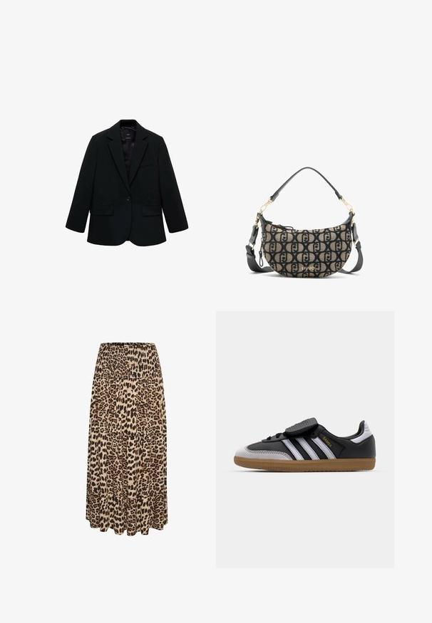 Svart blazer i slätt tyg. Har en enkel knäppning, slagkrage och två framfickor. Enkel, välsydd design.; Vit linne av bomull, med en enkel design och rundad halsringning samt svart "HUGO"-logotyp i mitten. Slät textur.; Maxiklänning med leopardmönster, smockad midja och lager av volanger i nederkant, med nyanser av beige, brunt och svart i ett mjukt tyg.; Svart läder och gråmocka sneakers med vita ränder, gummisula, snörning framtill och kardborreband. Har "Samba"-logotyp i guld.; Brun och svart kanvasaxelremsväska med halvmåneform, med ett upprepande logomönster, guldfärgade detaljer och avtagbar rem.