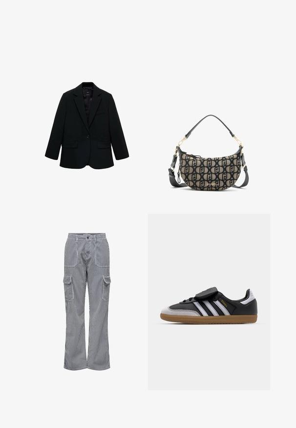 Čierny blejzer vyrobený z hladkej tkaniny. Má jediné zapínanie na gombík, klopové reverzné golier a dve predné vrecká. Jednoduchý, prispôsobený dizajn.; Biely tielko z bavlny, s jednoduchým dizajnom a zaobleným výstrihom, s čiernym logom "HUGO" v strede. Hladká textúra.; Kárované nohavice z bavlnenej zmesi s vertikálnymi modro-bielymi pruhmi. Majú dve predné vrecká a dve bočné cargo vrecká. Voľný strih.; Čierne kožené a šedé semišové tenisky s bielymi pruhmi, gumovou podrážkou, šnurovaním vpredu a suchým zipsom. Obsahujú zlaté označenie "Samba".; Hnedá a čierna plátená kabelka cez plece v tvare polmesiaca, s opakujúcim sa vzorom loga, zlatými kovovými doplnkami a odnímateľným popruhom.