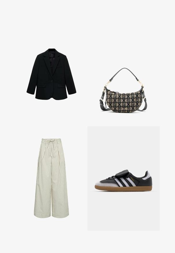 Svart blazer i slätt tyg. Har en enkel knäppning, slagkrage och två framfickor. Enkel, välsydd design.; Vit linne av bomull, med en enkel design och rundad halsringning samt svart "HUGO"-logotyp i mitten. Slät textur.; Vida byxor i krämfärgad med tunna bruna vertikala ränder. Har veck och ett knytbälte vid midjan. Tillverkad av ett slätt tyg.; Svart läder och gråmocka sneakers med vita ränder, gummisula, snörning framtill och kardborreband. Har "Samba"-logotyp i guld.; Brun och svart kanvasaxelremsväska med halvmåneform, med ett upprepande logomönster, guldfärgade detaljer och avtagbar rem.