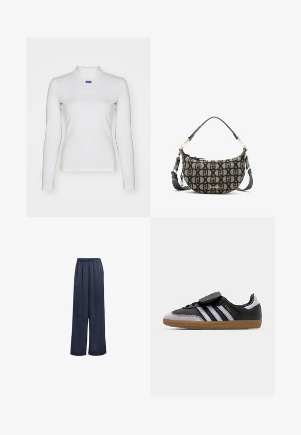 Schwarze Blazer aus glattem Stoff. Besitzt einen Einzelknopfverschluss, Reverskragen und zwei Taschen auf der Vorderseite. Schlichtes, tailliertes Design.; Weißes langärmliges Rollkragenshirt aus dehnbarem Material mit taillierter Passform und kleinem blauen Logo auf der Brust.; Marinefarbene Weitbein-Hosen aus glattem Stoff mit einem elastischen Bund und ohne sichtbare Beschläge. Sie verfügen über einen lockeren Sitz und ein langes Design.; Schwarze Leder- und graue Wildleder-Sneaker mit weißen Streifen, Gummisohle, Schnürung vorne und Klettverschluss. Mit "Samba"-Markenlogo in Gold.; Braune und schwarze Canvas-Schultertasche in Halbmondform mit sich wiederholendem Logo-Muster, goldenen Beschlägen und abnehmbarem Riemen.