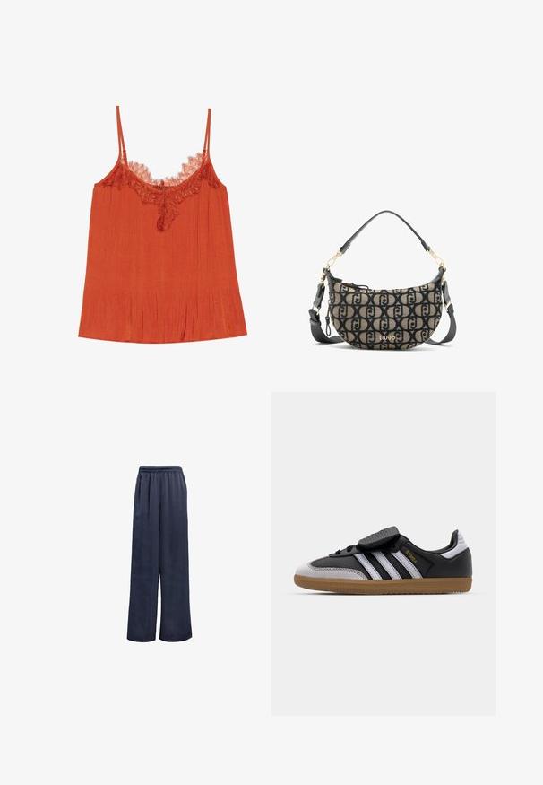 Zwarte blazer van gladde stof. Heeft een enkele knoopsluiting, notch-lapels en twee voorzakken. Simpel, op maat gemaakt ontwerp.; Oranje hemdtop met dunne bandjes, een kanten rand bij de halslijn en een geplooide structuur door de stof.; Marineblauwe wijde broek gemaakt van een soepele stof met een elastische tailleband en zonder zichtbare hardware. Heeft een relaxte pasvorm en een volledige lengte.; Zwarte leren en grijze suède sneaker met witte strepen, rubberen gumzool, veterfrontering en klittenbandsluiting. Uitgerust met "Samba" branding in het goud.; Bruin en zwarte canvas schoudertas met een halve maan vorm, met een herhalend logo patroon, gouden hardware en een afneembare strap.