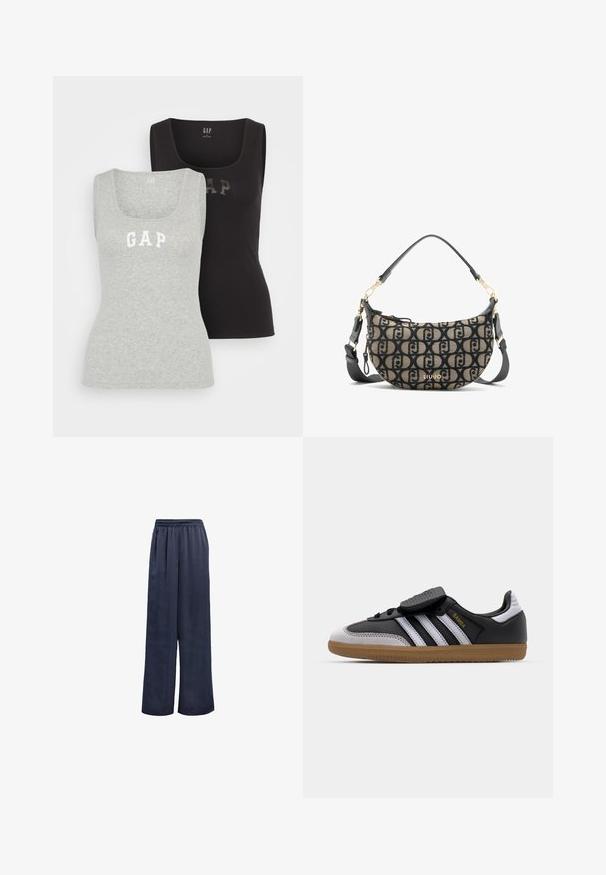 Schwarze Blazer aus glattem Stoff. Besitzt einen Einzelknopfverschluss, Reverskragen und zwei Taschen auf der Vorderseite. Schlichtes, tailliertes Design.; GAP TANK 2 PACK - Top - black/grey; Marinefarbene Weitbein-Hosen aus glattem Stoff mit einem elastischen Bund und ohne sichtbare Beschläge. Sie verfügen über einen lockeren Sitz und ein langes Design.; Schwarze Leder- und graue Wildleder-Sneaker mit weißen Streifen, Gummisohle, Schnürung vorne und Klettverschluss. Mit "Samba"-Markenlogo in Gold.; Braune und schwarze Canvas-Schultertasche in Halbmondform mit sich wiederholendem Logo-Muster, goldenen Beschlägen und abnehmbarem Riemen.