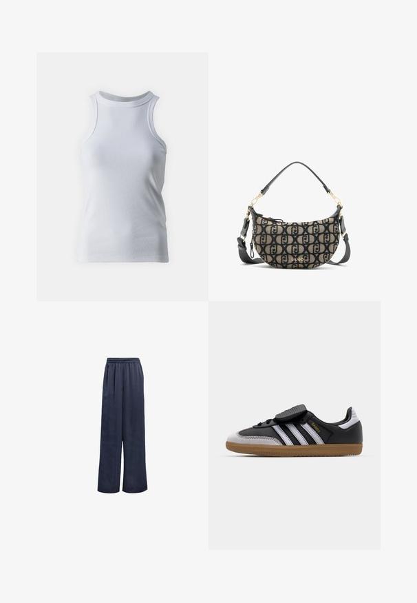 Črn blazer iz gladkega blaga. Ima enojno zapiranje s gumbom, zarezne reverje in dve sprednji žepi. Preprost, prilagojen dizajn.; Bela majica brez rokavov iz mehkega, raztegljivega bombažnega materiala. Ima visok ovratnik in gladko teksturo brez vzorcev ali dodatkov.; Modre široke hlače iz gladkega blaga z elastičnim pasom in brez vidne opreme. Imajo sproščen kroj in polno dolžino.; Črne usnjene in sive semiš teniske z belimi črtami, gumijastim podplatom, vezanjem spredaj in Velcro trakovi. Vsebuje "Samba" blagovno znamko v zlati barvi.; Rjava in črna platnena torba za ramena v obliki polmeseča, z ponavljajočim se vzorcem logotipa, zlatimi dodatki in snemljivim trakom.