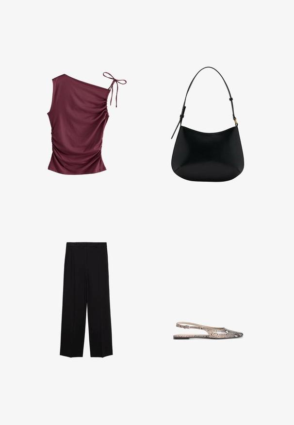 Čierny blejzer vyrobený z hladkej tkaniny. Má jediné zapínanie na gombík, klopové reverzné golier a dve predné vrecká. Jednoduchý, prispôsobený dizajn.; Next SOFT TOUCH RUCHED SLEEVELESS - Top - burgundy red; Čierne široké nohavice s hladkým materiálom, s plisovaním vpredu a bočnými vreckami, navrhnuté v rovnom a uvoľnenom strihu.; Ploché sandále so šnúrkou, ktoré majú hadí vzor v odtieňoch béžovej a čiernej, s špicatou špičkou a tenkým remienkom okolo členka.; Čierna kožená kabelka na rameno s hladkou textúrou, zakriveným tvarom a nastaviteľným popruhom. Obsahuje minimálne švy a jednoduchý dizajn.