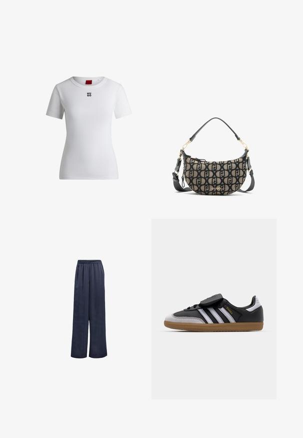 Sort blazer lavet af glat stof. Har en enkelt knaplukning, notchede klapkraver og to frontlommer. Enkel, skræddersyet design.; Hvid bomulds T-shirt med rund halsudskæring og korte ærmer. Har et lille sort "HUGO" logo på brystet. Glat tekstur.; Marineblå brede bukser lavet af glat stof med elastisk talje og ingen synlige metaldele. Har en afslappet pasform og fuldlængde design.; Sort læder og grå ruskind sneakers med hvide striber, gummisål, snørebånd foran og velcrolukning. Har "Samba" branding i guld.; Brun og sort canvas skuldertaske med en halvmåneform, der har et gentaget logo-mønster, guldfarvede metaldele og en aftagelig rem.