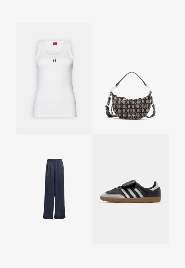 Zwarte blazer van gladde stof. Heeft een enkele knoopsluiting, notch-lapels en twee voorzakken. Simpel, op maat gemaakt ontwerp.; Witte tanktop van katoen, met een eenvoudig ontwerp, een ronde halslijn en een zwart "HUGO" logo in het midden. Gladde textuur.; Marineblauwe wijde broek gemaakt van een soepele stof met een elastische tailleband en zonder zichtbare hardware. Heeft een relaxte pasvorm en een volledige lengte.; Zwarte leren en grijze suède sneaker met witte strepen, rubberen gumzool, veterfrontering en klittenbandsluiting. Uitgerust met "Samba" branding in het goud.; Bruin en zwarte canvas schoudertas met een halve maan vorm, met een herhalend logo patroon, gouden hardware en een afneembare strap.