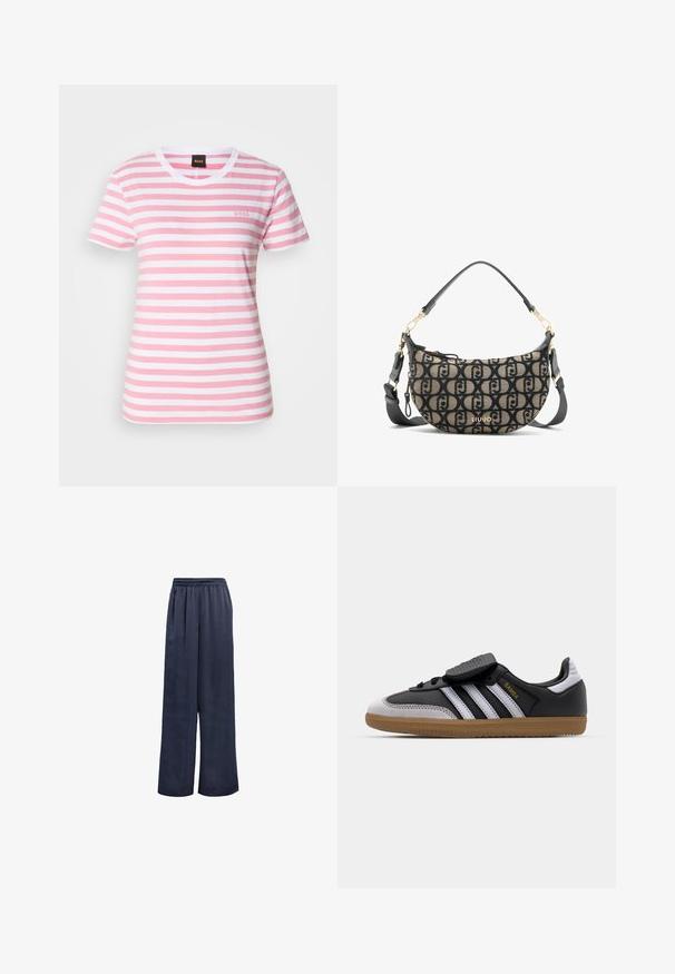 Blazer negru dintr-un material neted. Dispune de închidere cu un singur buton, rever cu tăietură și două buzunare frontale. Design simplu, croit.; Tricou cu dungi în roz deschis și alb, mâneci scurte, guler rotund, realizat din bumbac, având un logo subtil pe piept.; Pantaloni largi bleumarin dintr-un material neted, cu talie elastică și fără accesorii vizibile. Au o croială lejeră și un design până la gleznă.; Tenisi din piele neagră și suede gri, cu dungi albe, talpă din cauciuc caramel, șireturi la față și curea Velcro. Prezintă branding-ul "Samba" în aur.; Geantă de umăr din pânză, maro și neagră, cu o formă de jumătate de lună, având un model cu logo repetat, detalii din metal aurit și curea detașabilă.