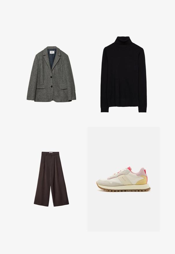 Blazer grigio in lana con due tasche frontali, rever a pattina e chiusura a un bottone. Presenta un rivestimento azzurro liscio.; Maglione a collo alto di colore nero in un morbido tessuto a maglia. Presenta maniche lunghe e polsini e orlo a coste. Design semplice e classico senza motivi.; Pantaloni neri a gamba larga con vita alta, caratterizzati da pieghe frontali e chiusura con bottone in vita, realizzati in tessuto liscio.; Sneakers con una toma in pelle crema, accenti in suede rosa e un tallone giallo, dotati di una suola in gomma con battistrada e lacci bianchi.