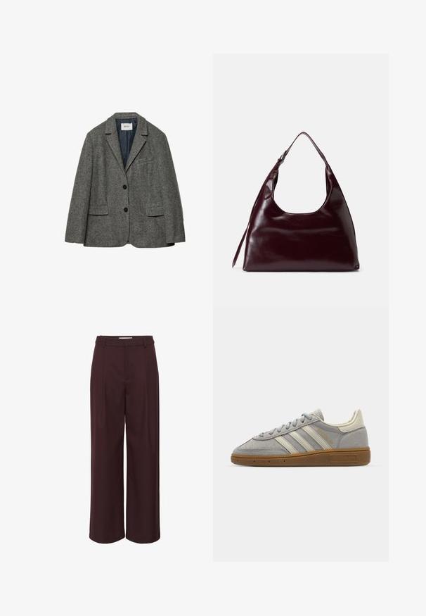 Szary wełniany blezer z dwoma przednimi kieszeniami, klapą z ząbkami oraz zapięciem na jeden guzik. Charakteryzuje się gładką niebieską podszewką.; Czarny sweter z golfem wykonany z miękkiej dzianiny. Posiada długie rękawy oraz ściągacze na mankietach i dole. Prosty, klasyczny design bez wzorów.; Spodnie o szerokich nogawkach w głębokim burgundzie, wykonane z gładkiego materiału. Posiadają wysoki stan z plisami oraz proste szlufki na pasek, co nadaje elegancki wygląd.; Szare zamszowe trampki z jasnoszarymi skórzanymi paskami i gumową podeszwą. Wśród cech znajduje się zapięcie na sznurowadła oraz subtelna marka na języku.; Burgundowa skórzana torebka z okrągłym wycięciem u góry, gładką fakturą i długim paskiem na ramię, charakteryzująca się minimalistycznym designem i brakiem widocznych elementów metalowych.
