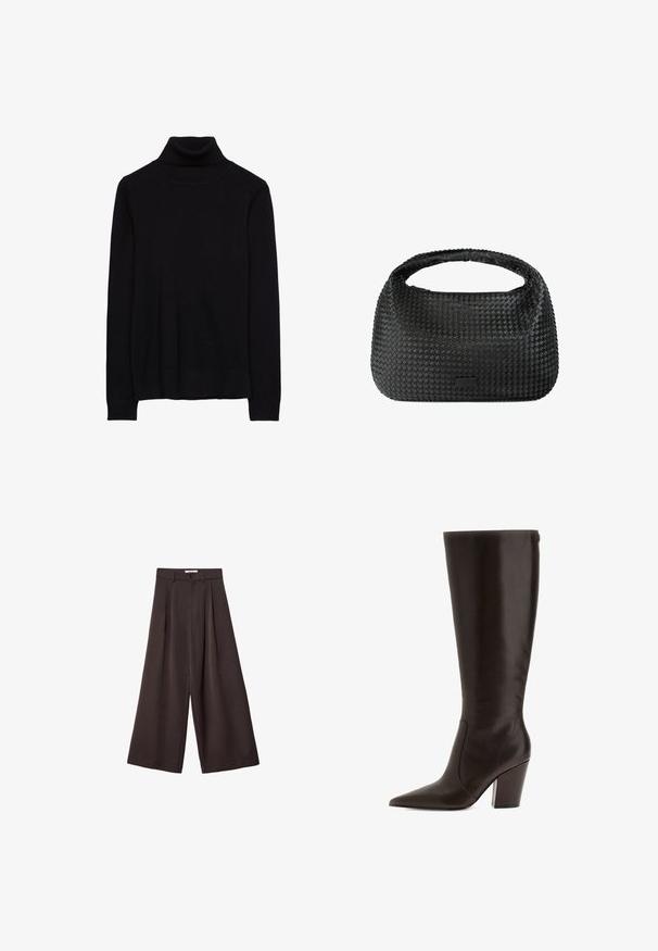 Grauer Wollblazer mit zwei vorderen Taschen, einem Reverskragen und einem Ein-Knopf-Verschluss. Mit glattem blauen Futter.; Schwarzer Rollkragenpullover aus einem weichen Strickstoff. Mit langen Ärmeln sowie gerippten Manschetten und Saum. Einfaches, klassisches Design ohne Muster.; Schwarze, weit geschnittene Hose mit hoher Taille, ausgestattet mit vorderen Falten und einem Knopfverschluss an der Taille, aus glattem Stoff gefertigt.; Braune Lederstiefel bis zum Knie mit spitzem Zehenbereich und Blockabsatz. Verfügt über eine glatte Textur und einen seitlichen Reißverschluss für einfaches An- und Ausziehen.; Schwarze gewebte Handtasche mit runder Form, strukturiertem Oberflächenfinish und einem einzigen oberen Griff. Verfügt über ein elegantes, minimalistisches Design ohne sichtbare Beschläge.