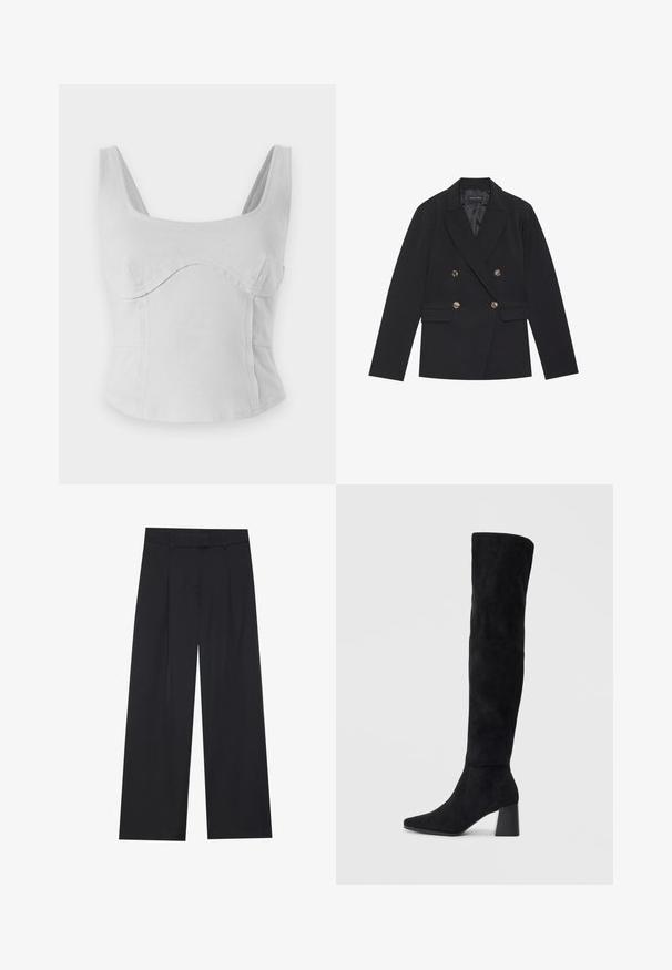 Juodas dvigubo užsegimo švarkas su prigludusia danga, auksiniais mygtukų akcentais, aštriais atvartais ir dviem priekiniam kišenėm. Lygi audinio tekstūra.; Pilkas medvilnės trumpas apknis su kvadratiniais iškirpimu, plačiomis petnešomis ir išlenktais siūlais. Lygi tekstūra su prigludusia forma ir be matomų metalinių detalių.; Juodos plačios kojos kelnes su lygiu paviršiumi, turinčios dvi priekines raukšles, juosmenį ir be matomų detalių ar kišenių.; Juoda zomšinė kelio ilgio batai su blokuotu kulnu, smailiu nosiu ir lygiu, be siūlių dizainu ant paprastos šviesios fono.