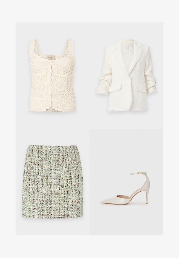 Valge tweed bleiser, millel on kulunud servad, ühekohaline lukustus ja kaks esimest taskut. Pehme tekstuur ja struktureeritud disain.; Kreemi heegeldatud topp, millel on lainelised servad ja ruudukujulised motiivid. Omab reguleeritavaid rihmu ja nööbiklappi. Valmistatud tekstureeritud, kerge kangaga.; Hele roheline lühike tweed seelik, millel on tekstuuriga kangas mitmevärviliste täppidega, kaks eesmist taskut ja hõbedased nupud.; Valgete nahast kõrge kontsaga kingad, terava varbaga, ankle strapiga ja kitsaste stiletto kontsadega. Sile tekstuur koos peene läikega.