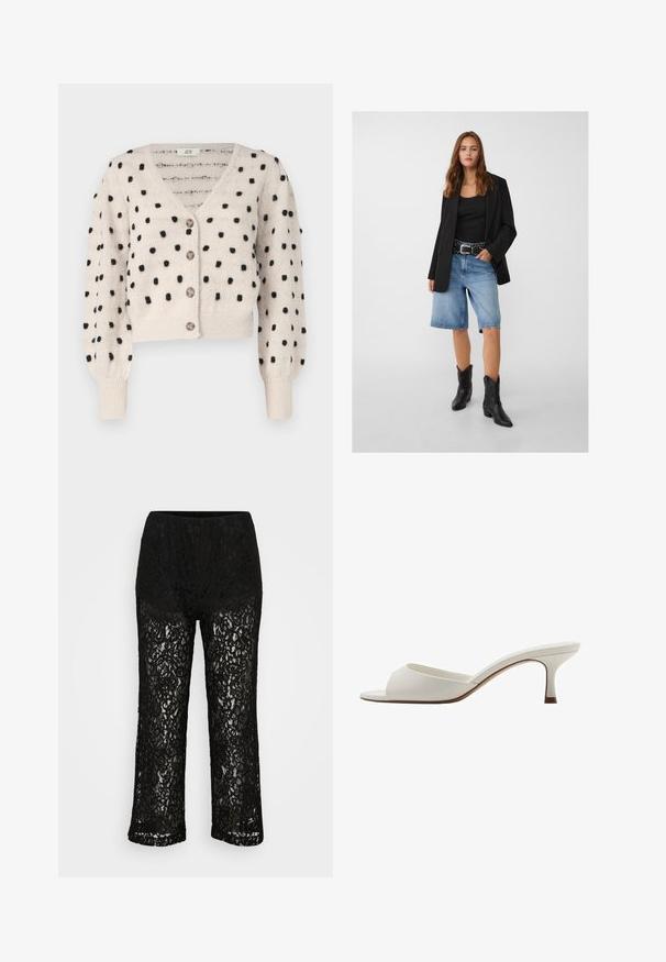 Svart blazer över en svart linne, kombinerat med ljusblå denimshorts och svarta cowboyboots. Bältet har silvernitar.; JDY SIGRID LIFE VNECK STRUC - Kofta - cement; Vit t-shirt med korta ärmar i bomull, med rund halsringning och rak nederkant. Minimalistisk design utan synliga mönster eller detaljer.; Svarta spetsbyxor med vida ben, opak underbyxa, blommönster och elastisk midja mot en neutral bakgrund.; Vita öppna högklackade mules med en slät yta, minimalistisk design och en slank klack, med en subtil brun accent på sulan.