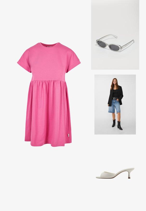 Svart blazer över en svart linne, kombinerat med ljusblå denimshorts och svarta cowboyboots. Bältet har silvernitar.; Rosa bomulls klänning med korta ärmar, rund halsringning och samlad midja. Kjolen flödar mjukt, med en något rundad avslutning.; Vita öppna högklackade mules med en slät yta, minimalistisk design och en slank klack, med en subtil brun accent på sulan.; Sunglasses med oval form, klar plastbygel, mörkgrå linser och tunna genomskinliga armar med logotypsaccent och minimalt detaljerad design.